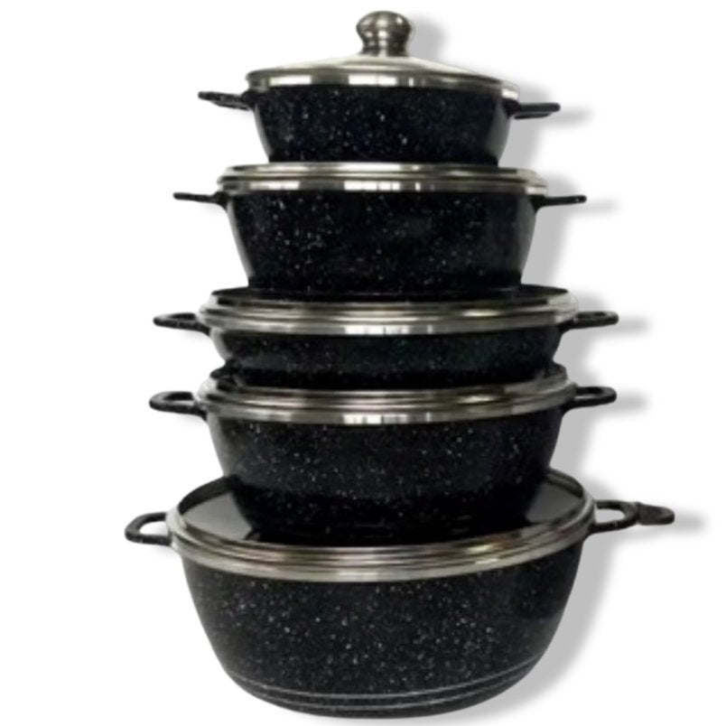 Huitich 10-piece nonstick cookware set with black speckled pots and glass lids stacked Huitich 10-piece nonstick cookware set with black speckled pots and glass lids stacked