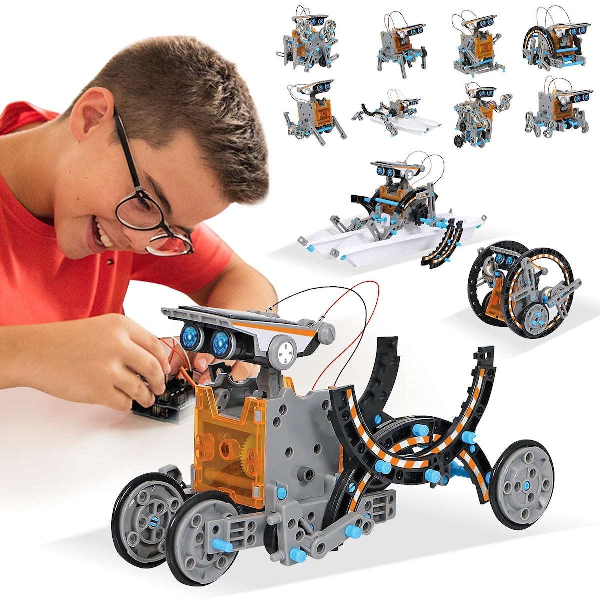 Huitich solar robot 14-in-1 STEM educational toy with a boy assembling multiple robot models Huitich solar robot 14-in-1 STEM educational toy with a boy assembling multiple robot models