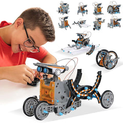 Huitich solar robot 14-in-1 STEM educational toy with a boy assembling multiple robot models Huitich solar robot 14-in-1 STEM educational toy with a boy assembling multiple robot models