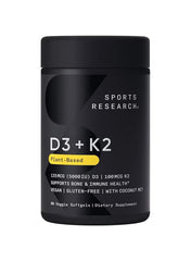Sports Research K2 + D3 – 5000 IU Vitamin D3 & 100 mcg K2 MK-7 | Bone, Heart & Immune Health Support | 60 Veggie Softgels Sports Research K2 + D3 – 5000 IU Vitamin D3 & 100 mcg K2 MK-7 | Bone, Heart & Immune Health Support | 60 Veggie Softgels