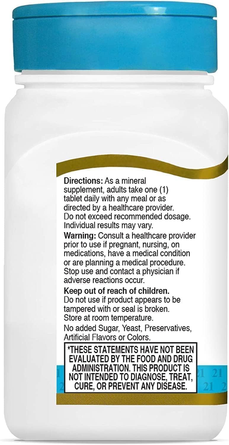 21st Century Magnesium 250mg tablets white bottle with blue cap supplement label showing directions and warnings 21st Century Magnesium 250mg tablets white bottle with blue cap supplement label showing directions and warnings