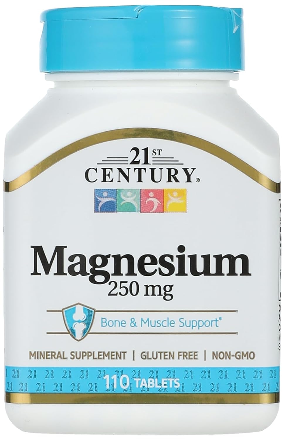 Bottle of 21st Century Magnesium 250mg tablets 110 count white and blue label bone and muscle support Bottle of 21st Century Magnesium 250mg tablets 110 count white and blue label bone and muscle support