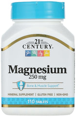 Bottle of 21st Century Magnesium 250mg tablets 110 count white and blue label bone and muscle support Bottle of 21st Century Magnesium 250mg tablets 110 count white and blue label bone and muscle support
