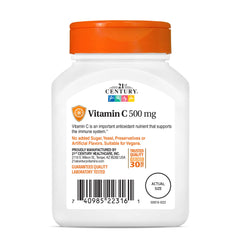 21st Century Vitamin C 500mg tablets white plastic bottle with orange cap immune support supplement 21st Century Vitamin C 500mg tablets white plastic bottle with orange cap immune support supplement