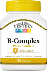 B-Complex with Vitamin C supplements UAE 21st Century white bottle yellow cap 100 tablets energy support B-Complex with Vitamin C supplements UAE 21st Century white bottle yellow cap 100 tablets energy support