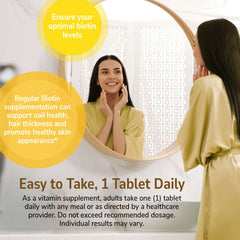 21st Century biotin 10000 mcg tablets UAE daily supplement showing woman smiling at mirror 21st Century biotin 10000 mcg tablets UAE daily supplement showing woman smiling at mirror