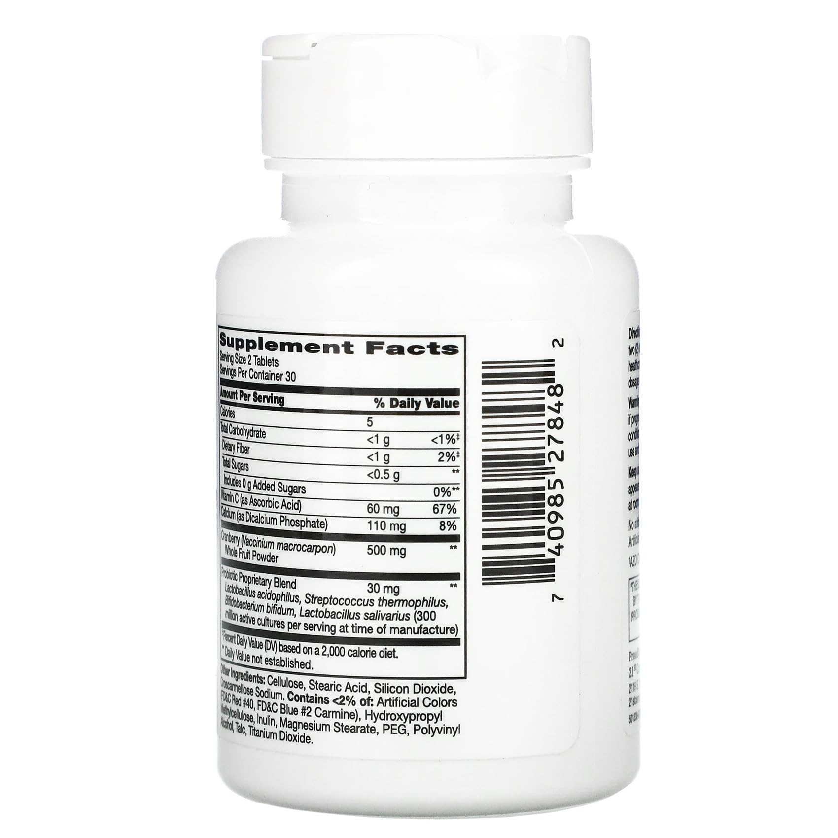 21st Century white supplement bottle back showing supplement facts label and barcode cranberry probiotics tablets UAE 21st Century white supplement bottle back showing supplement facts label and barcode cranberry probiotics tablets UAE