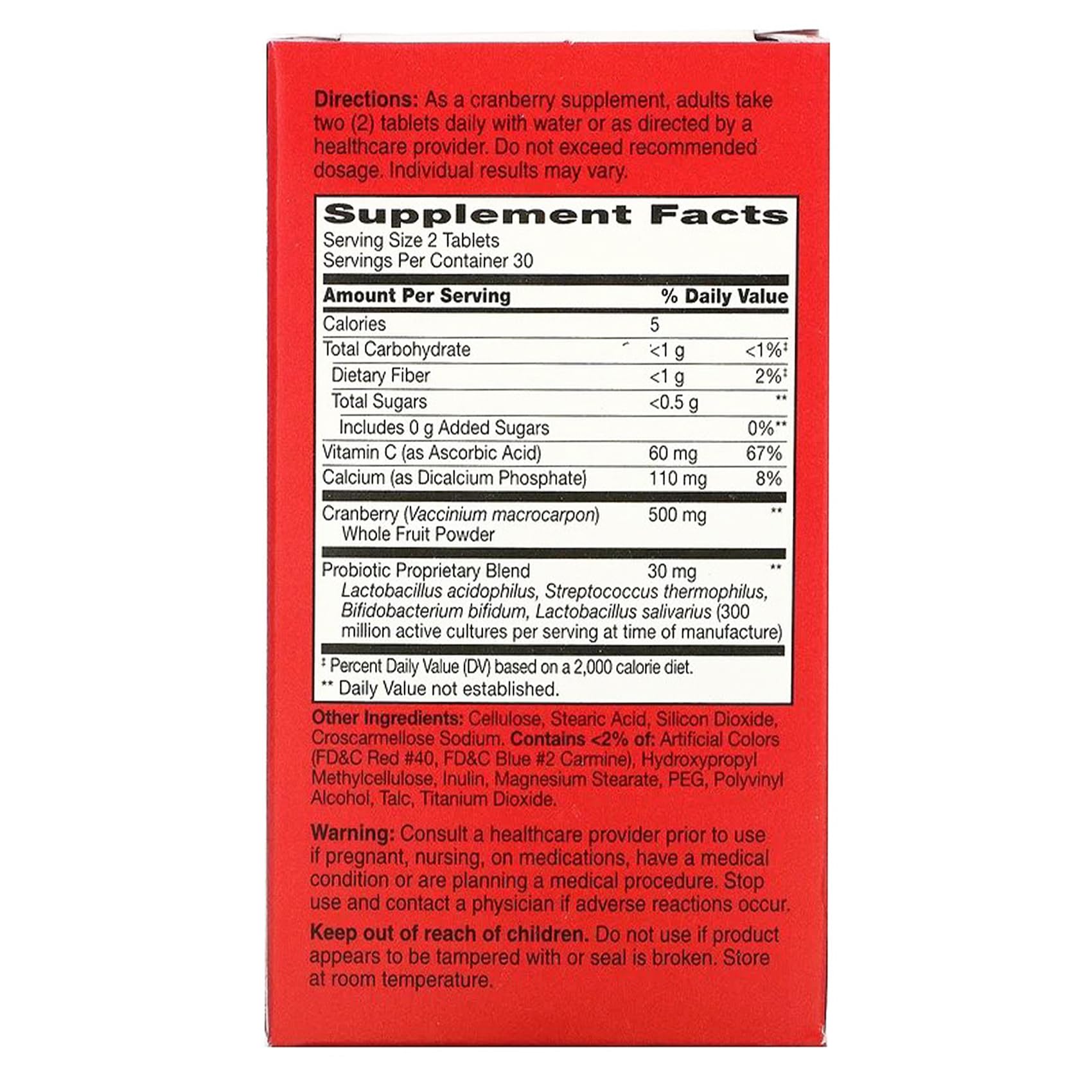 21st Century cranberry probiotics tablets UAE supplement facts and dosage info on red box with ingredients 21st Century cranberry probiotics tablets UAE supplement facts and dosage info on red box with ingredients