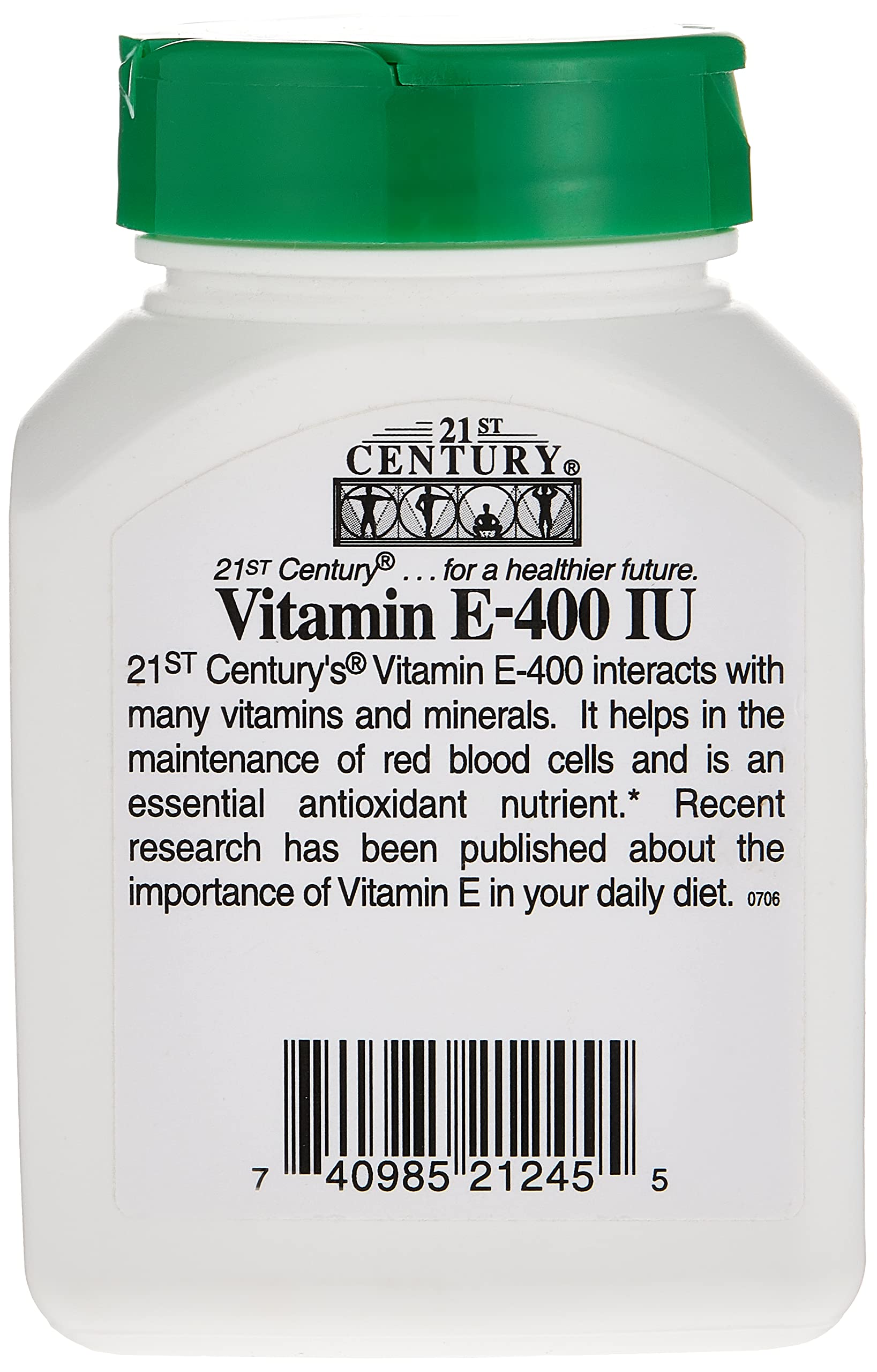 21st Century white plastic bottle with green cap of vitamin e 400 iu supplement showing label and barcode 21st Century white plastic bottle with green cap of vitamin e 400 iu supplement showing label and barcode