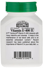 21st Century white plastic bottle with green cap of vitamin e 400 iu supplement showing label and barcode 21st Century white plastic bottle with green cap of vitamin e 400 iu supplement showing label and barcode