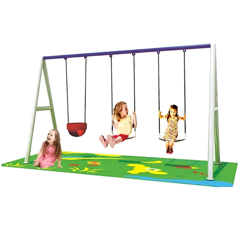 Huitich 3 seat metal swing set with two regular swings and a toddler swing on colorful play mat Huitich 3 seat metal swing set with two regular swings and a toddler swing on colorful play mat