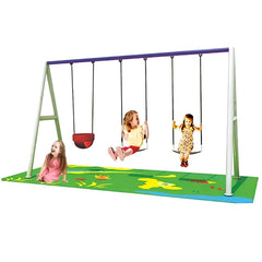 Huitich 3 seat metal swing set with two regular swings and a toddler swing on colorful play mat Huitich 3 seat metal swing set with two regular swings and a toddler swing on colorful play mat