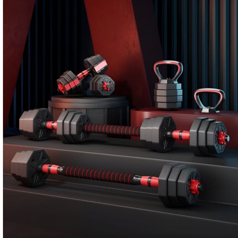 Huitich 30kg dumbbell barbell kettlebell set with black and red weights displayed on dark steps Huitich 30kg dumbbell barbell kettlebell set with black and red weights displayed on dark steps