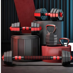 Huitich 30kg dumbbell barbell kettlebell set with black and red weights on display Huitich 30kg dumbbell barbell kettlebell set with black and red weights on display