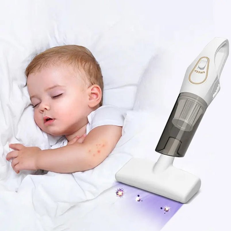 Huitich 5-in-1 electric floor cleaner vacuuming small particles near sleeping baby on white sheet Huitich 5-in-1 electric floor cleaner vacuuming small particles near sleeping baby on white sheet