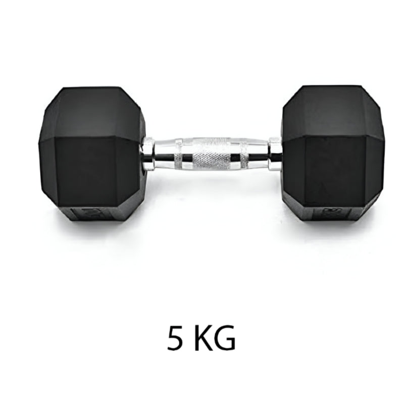 Huitich 5kg rubber dumbbell with hexagonal black rubber weights and silver textured handle Huitich 5kg rubber dumbbell with hexagonal black rubber weights and silver textured handle