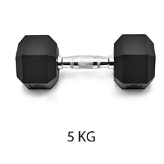 Huitich 5kg rubber dumbbell with hexagonal black rubber weights and silver textured handle Huitich 5kg rubber dumbbell with hexagonal black rubber weights and silver textured handle