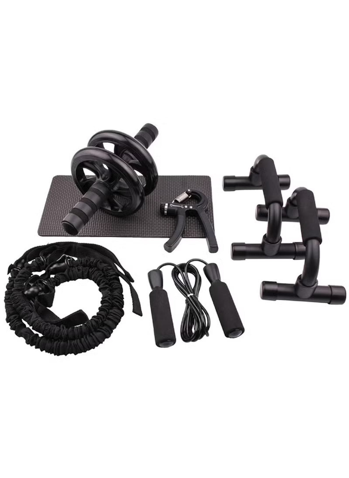 Huitich 6-in-1 fitness kit with ab roller, push-up bars, jump rope, resistance band, hand grip, and exercise mat Huitich 6-in-1 fitness kit with ab roller, push-up bars, jump rope, resistance band, hand grip, and exercise mat