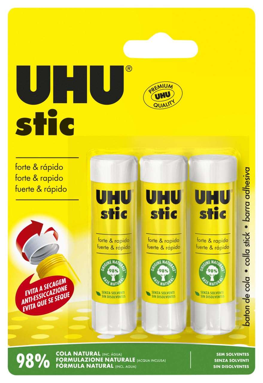 UHU stic, 8.2g, pack of 3, the proven glue stick, strong, fast, solvent free, clean, safe & sustainable for school, home, office, kids, arts and crafts, 98% natural, now packed in 50% recycled plastic UHU stic, 8.2g, pack of 3, the proven glue stick, strong, fast, solvent free, clean, safe & sustainable for school, home, office, kids, arts and crafts, 98% natural, now packed in 50% recycled plastic