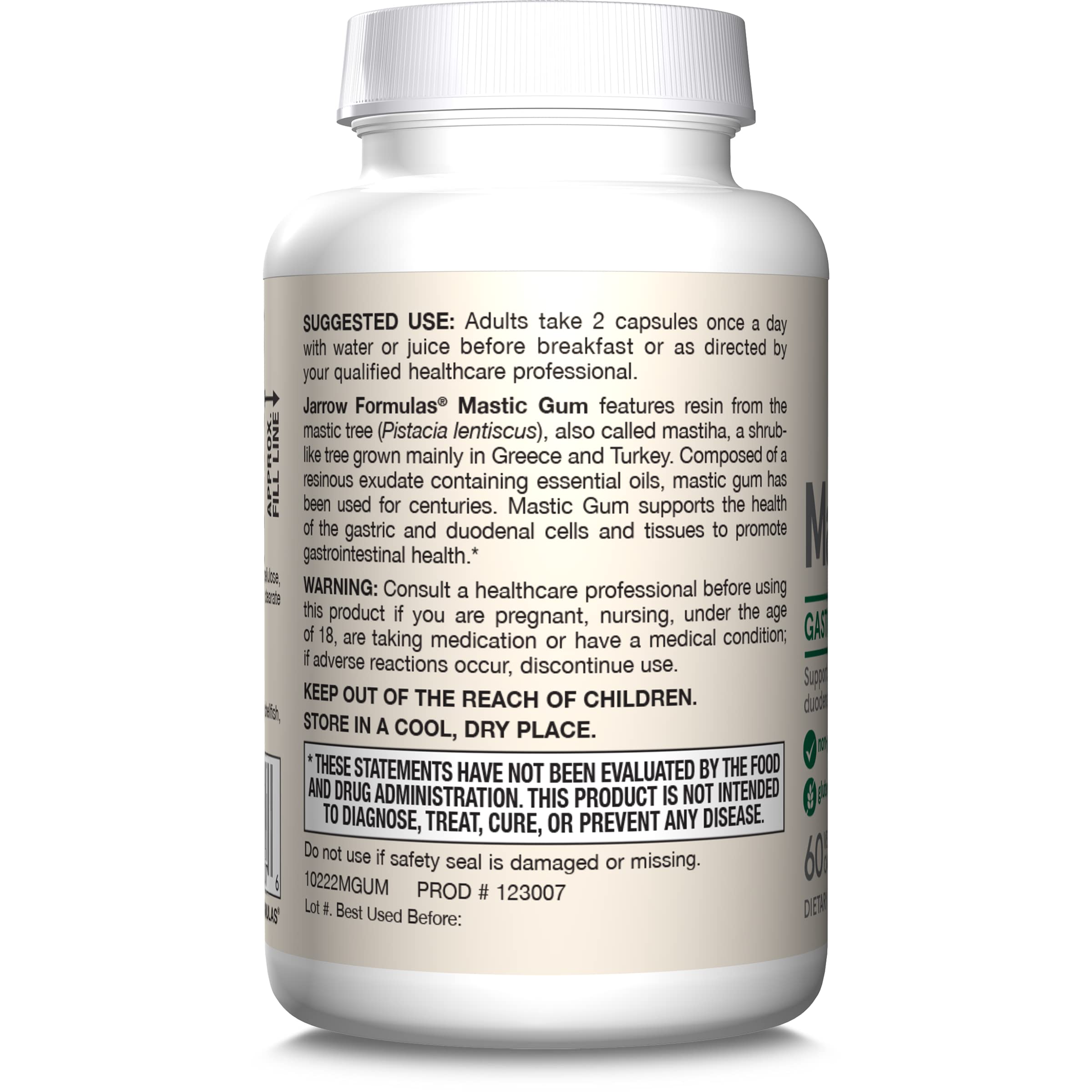 Jarrow Formulas Mastic Gum 1000mg white supplement bottle showing back label with suggested use and warnings Jarrow Formulas Mastic Gum 1000mg white supplement bottle showing back label with suggested use and warnings