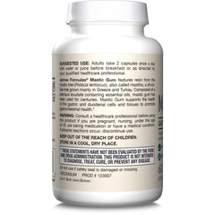 Jarrow Formulas Mastic Gum 1000mg white supplement bottle showing back label with suggested use and warnings Jarrow Formulas Mastic Gum 1000mg white supplement bottle showing back label with suggested use and warnings