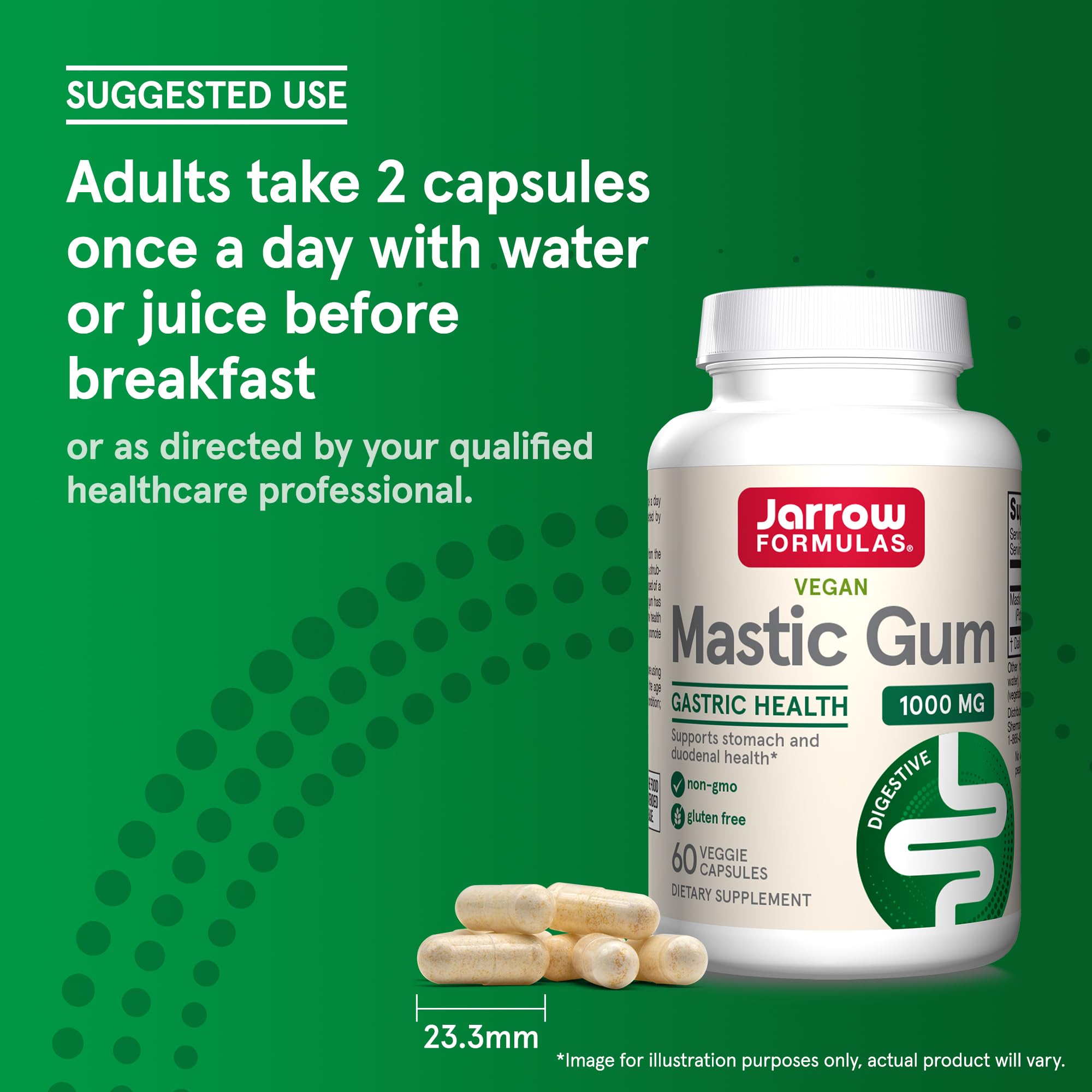 Jarrow Formulas Mastic Gum 1000mg bottle and capsules on green background with suggested use text Jarrow Formulas Mastic Gum 1000mg bottle and capsules on green background with suggested use text