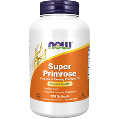NOW Super Primrose 120 softgels white bottle with orange label and purple cap evening primrose oil supplement NOW Super Primrose 120 softgels white bottle with orange label and purple cap evening primrose oil supplement