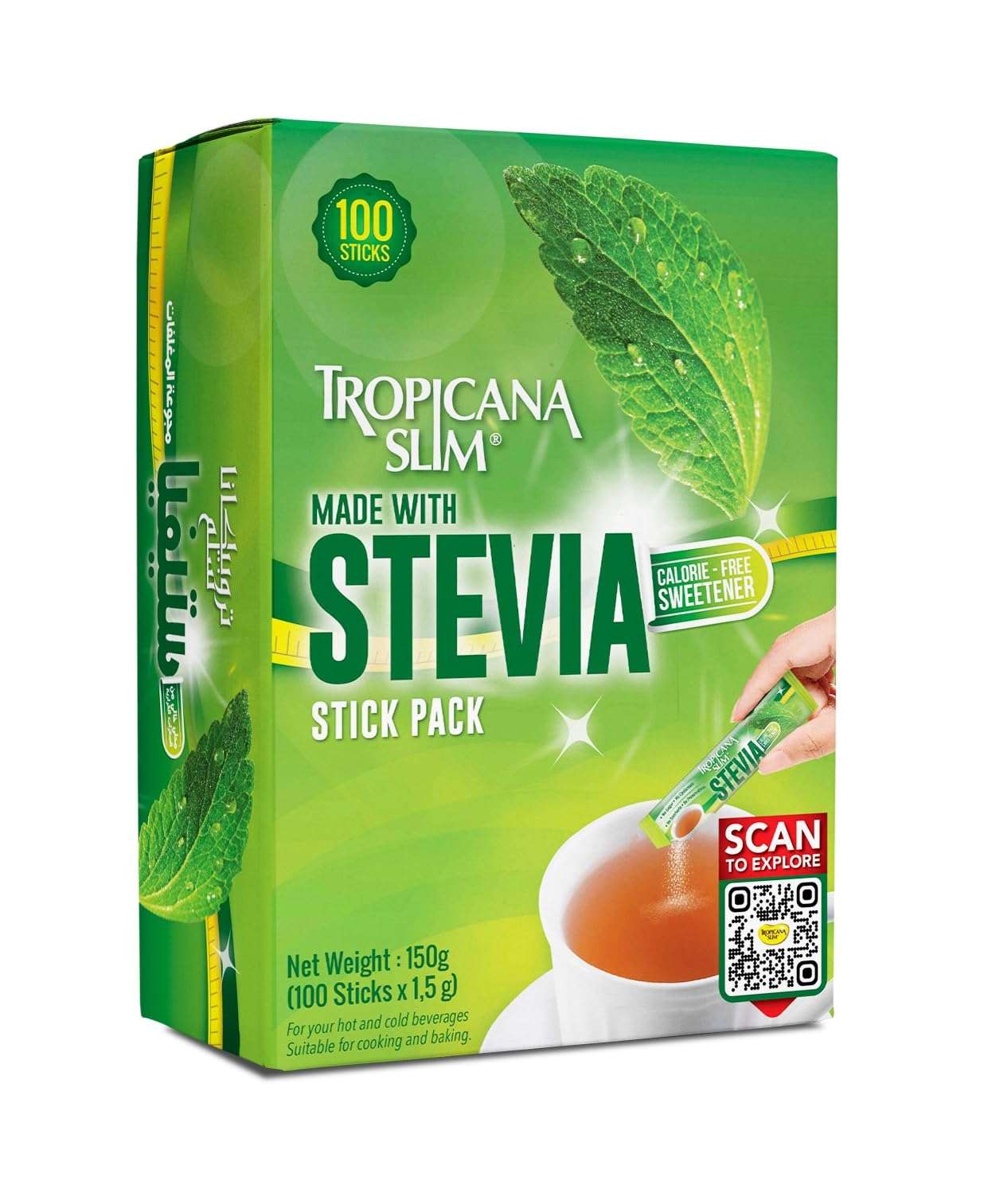 Tropicana Slim stevia sweetener sticks 100 stick pack green box showing packet being poured into tea Tropicana Slim stevia sweetener sticks 100 stick pack green box showing packet being poured into tea