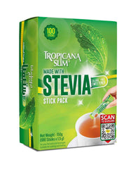 Tropicana Slim stevia sweetener sticks 100 stick pack green box showing packet being poured into tea Tropicana Slim stevia sweetener sticks 100 stick pack green box showing packet being poured into tea