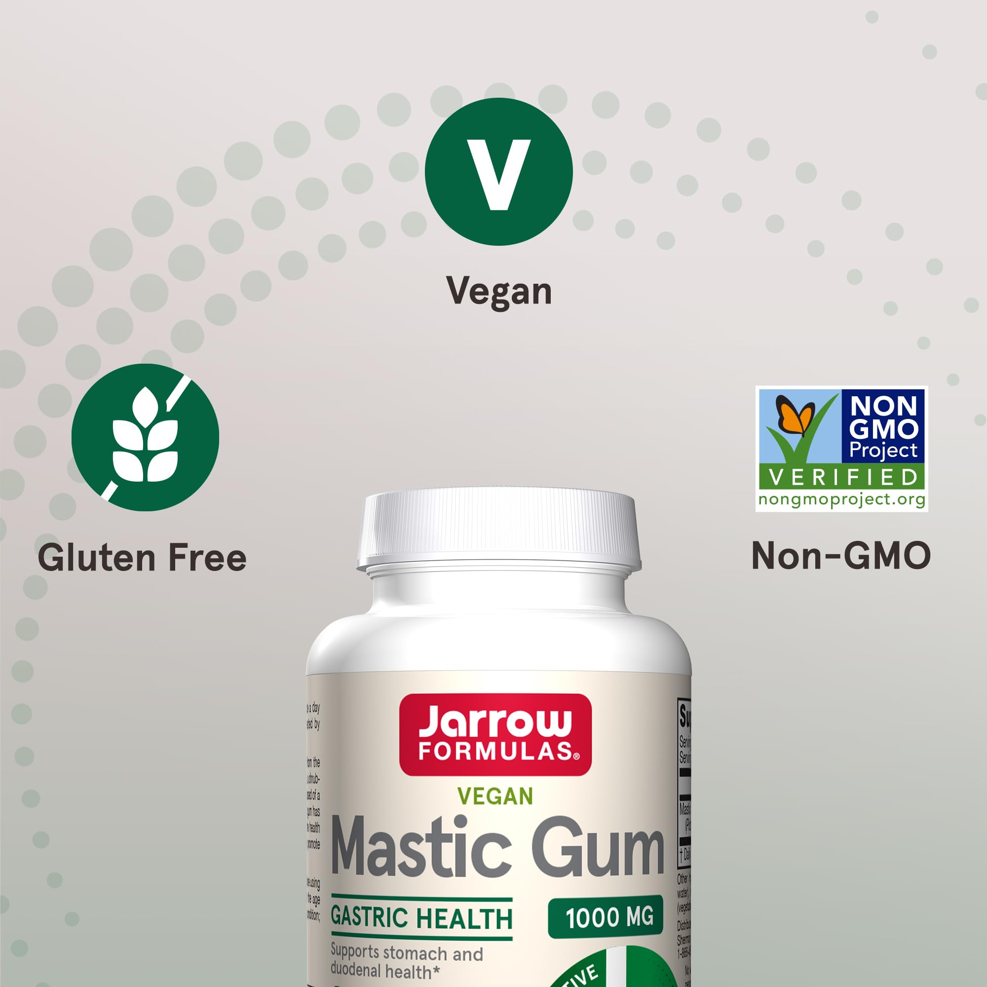 Jarrow Formulas Mastic Gum 1000mg supplement bottle with vegan gluten free and Non GMO labels for gastric health Jarrow Formulas Mastic Gum 1000mg supplement bottle with vegan gluten free and Non GMO labels for gastric health