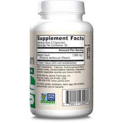 Jarrow Formulas Mastic Gum 1000mg supplement bottle back label showing Supplement Facts 30 servings Non GMO Jarrow Formulas Mastic Gum 1000mg supplement bottle back label showing Supplement Facts 30 servings Non GMO