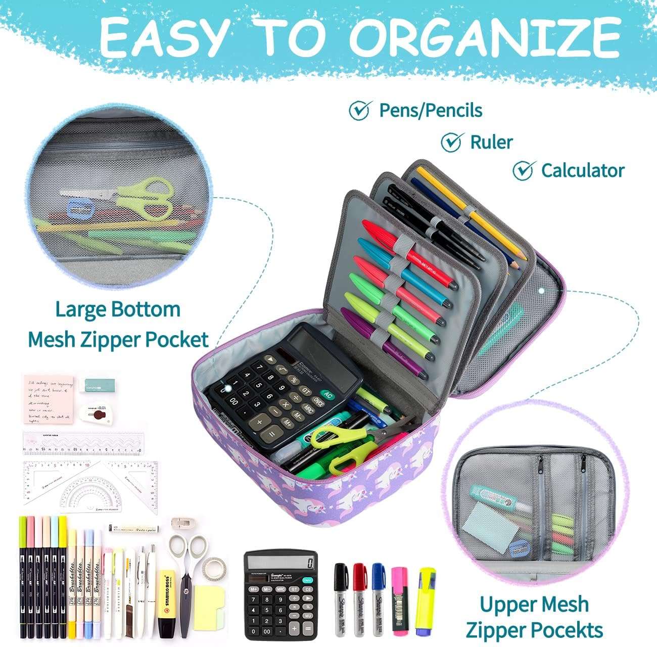 Fashi Unicorn Pencil Case for Girls, Large Stationery Bag with Detachable Layers and Multiple Zippers for Kids and Adults for School, Office, Art Supplies (Purple) Fashi Unicorn Pencil Case for Girls, Large Stationery Bag with Detachable Layers and Multiple Zippers for Kids and Adults for School, Office, Art Supplies (Purple)