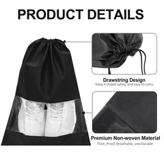 12 Pieces Waterproof Shoe Storage Bags, Non-Woven Fabric with Drawstring and Transparent Window for Travel, Gym and Sports Shoe Storage Bag Organizer for Men and Women, Black 12 Pieces Waterproof Shoe Storage Bags, Non-Woven Fabric with Drawstring and Transparent Window for Travel, Gym and Sports Shoe Storage Bag Organizer for Men and Women, Black
