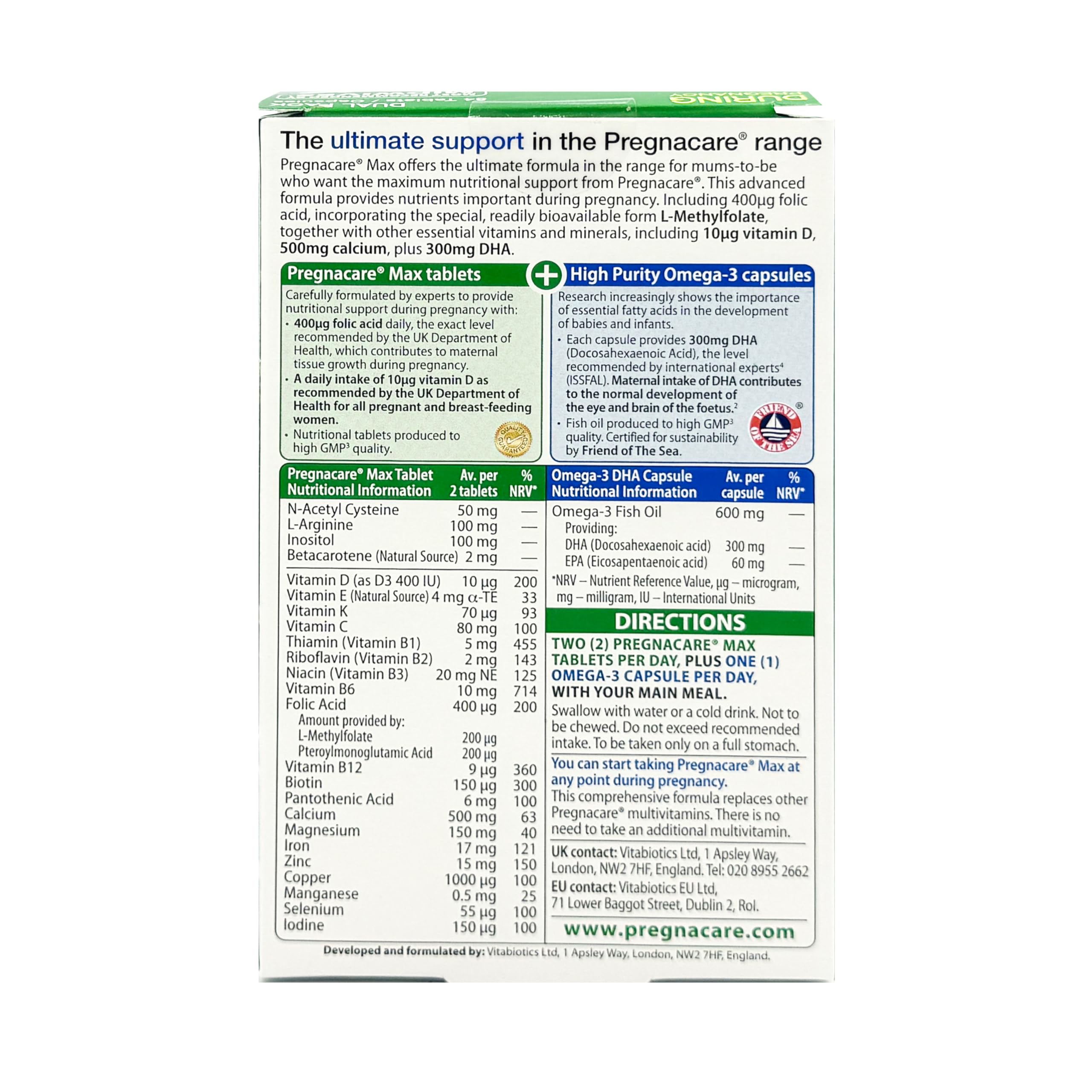 Vitabiotics Pregnacare Max pregnancy supplements box back showing supplement facts directions and ingredients Vitabiotics Pregnacare Max pregnancy supplements box back showing supplement facts directions and ingredients
