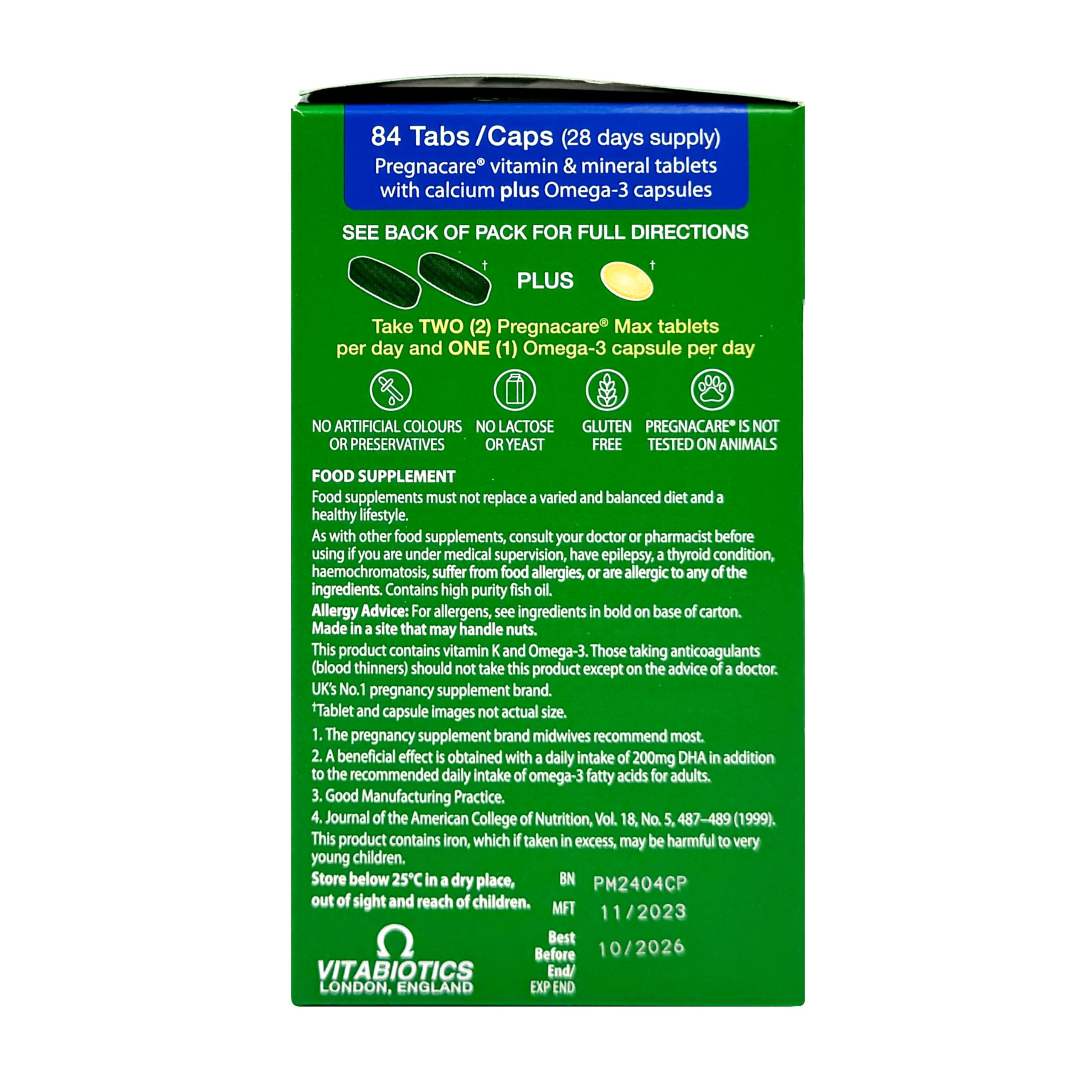Vitabiotics green box back label showing directions and ingredients for Pregnacare Max pregnancy supplements Vitabiotics green box back label showing directions and ingredients for Pregnacare Max pregnancy supplements