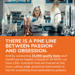 NOW evening primrose oil supplement ad showing scientists in lab testing with equipment and orange banner text NOW evening primrose oil supplement ad showing scientists in lab testing with equipment and orange banner text