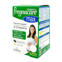 Vitabiotics Pregnacare Max pregnancy supplements box showing product name omega 3 DHA and smiling pregnant woman Vitabiotics Pregnacare Max pregnancy supplements box showing product name omega 3 DHA and smiling pregnant woman