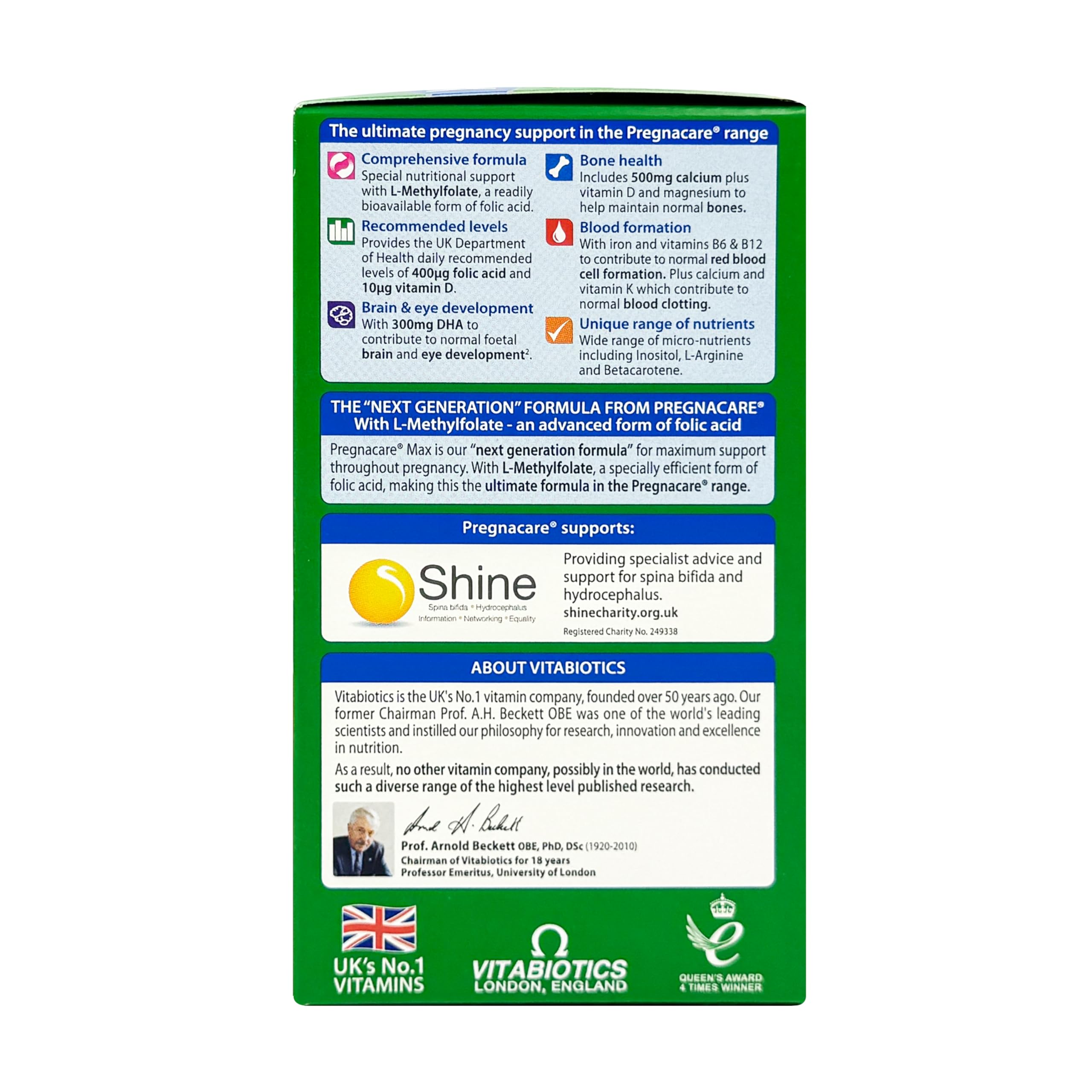 Back of Vitabiotics supplement box showing ingredient and benefit panel and logos for Pregnacare Max pregnancy supplements Back of Vitabiotics supplement box showing ingredient and benefit panel and logos for Pregnacare Max pregnancy supplements