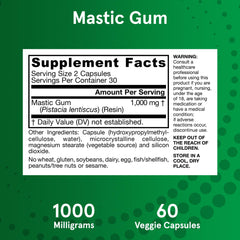 Jarrow Formulas Mastic Gum 1000mg supplement label showing Supplement Facts 1000 mg per serving and 60 veggie capsules Jarrow Formulas Mastic Gum 1000mg supplement label showing Supplement Facts 1000 mg per serving and 60 veggie capsules