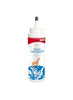 Dog ear powder bottle with white cap and pump nozzle, blue and red label
