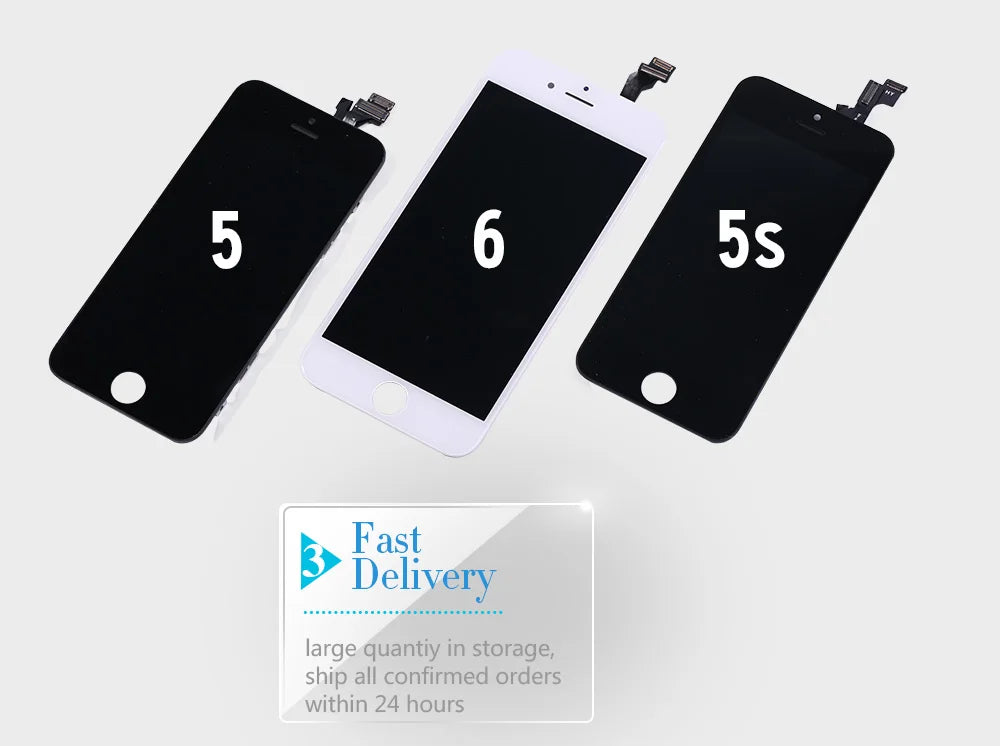 Three replacement front panels labeled 5 6 5s with fast delivery badge and iPhone 7 LCD screen replacement Three replacement front panels labeled 5 6 5s with fast delivery badge and iPhone 7 LCD screen replacement