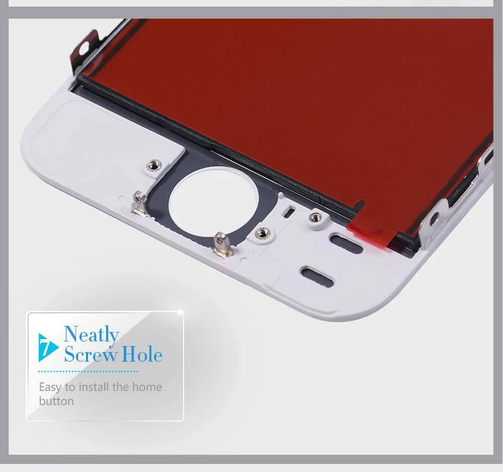 Mumzar white iPhone 7 LCD screen replacement front panel close up showing home button hole and screw mounts Mumzar white iPhone 7 LCD screen replacement front panel close up showing home button hole and screw mounts