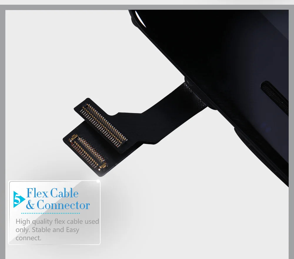 Mumzar iPhone 7 LCD screen replacement black display assembly with flex cable and connector closeup Mumzar iPhone 7 LCD screen replacement black display assembly with flex cable and connector closeup