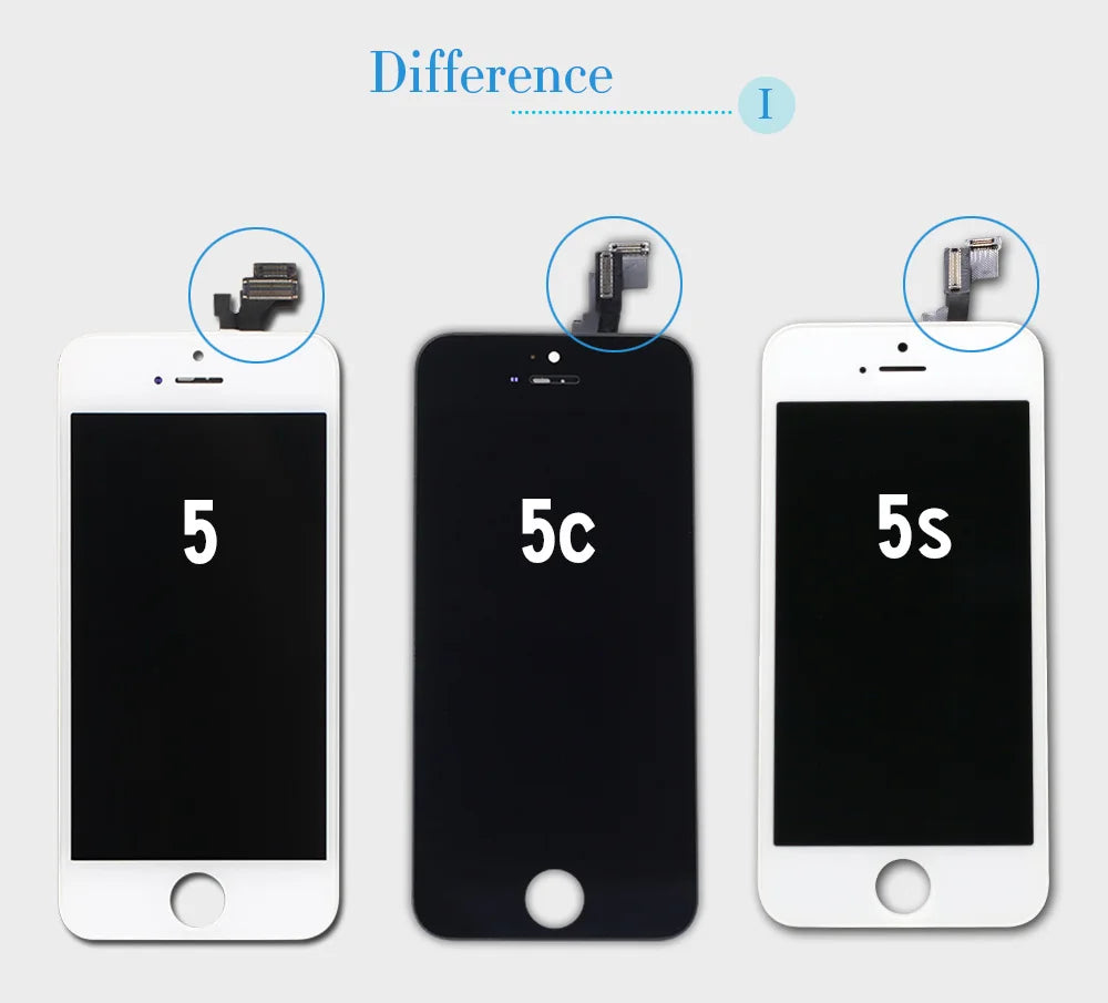 Mumzar comparison of iPhone 5 5c and 5s front panels highlighting connectors for iPhone 7 LCD screen replacement Mumzar comparison of iPhone 5 5c and 5s front panels highlighting connectors for iPhone 7 LCD screen replacement
