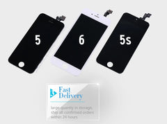 Three replacement front panels labeled 5 6 5s with fast delivery badge and iPhone 7 LCD screen replacement Three replacement front panels labeled 5 6 5s with fast delivery badge and iPhone 7 LCD screen replacement