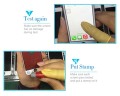 Mumzar technicians testing and stamping iPhone 7 LCD screen replacement showing finger cots and quality check Mumzar technicians testing and stamping iPhone 7 LCD screen replacement showing finger cots and quality check