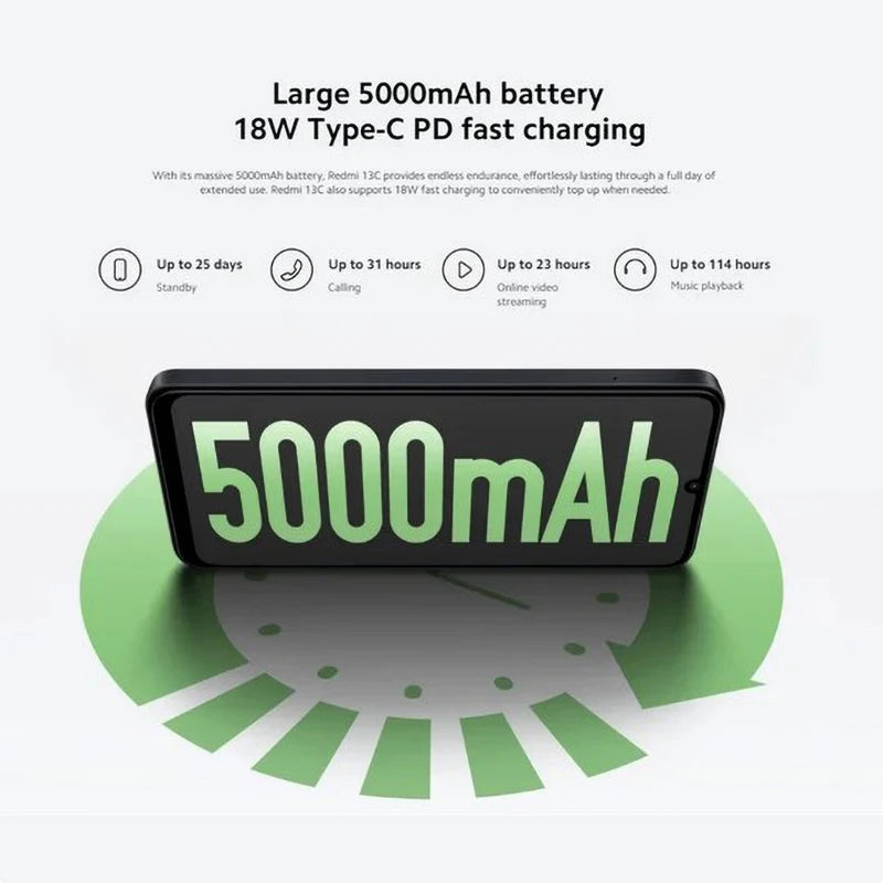 Xiaomi Redmi 13C global version smartphone with 5000mAh battery and 18W Type C PD fast charging for long use Xiaomi Redmi 13C global version smartphone with 5000mAh battery and 18W Type C PD fast charging for long use
