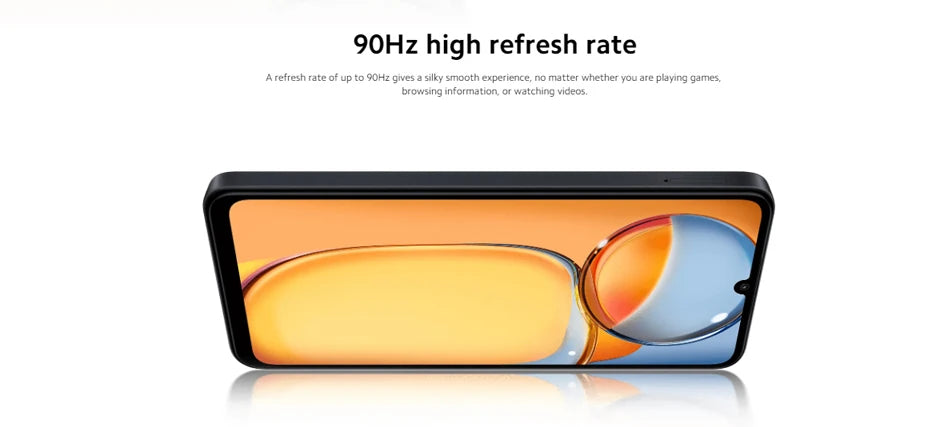 Xiaomi Redmi 13C global version smartphone shown landscape highlighting 90Hz high refresh rate display Xiaomi Redmi 13C global version smartphone shown landscape highlighting 90Hz high refresh rate display