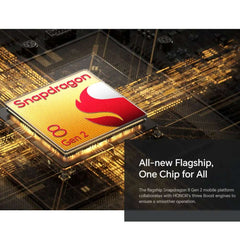 Honor Magic V2 5G foldable phone promotional image featuring Snapdragon 8 Gen 2 chip on gold circuit board Honor Magic V2 5G foldable phone promotional image featuring Snapdragon 8 Gen 2 chip on gold circuit board