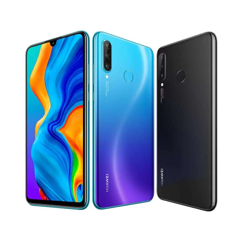 Huawei P30 Lite unlocked smartphone front display and two backs in blue gradient and black with triple camera Huawei P30 Lite unlocked smartphone front display and two backs in blue gradient and black with triple camera
